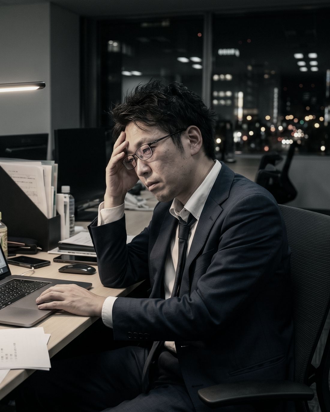夜のオフィスで、表計算ソフトを前に手が止まっている担当者